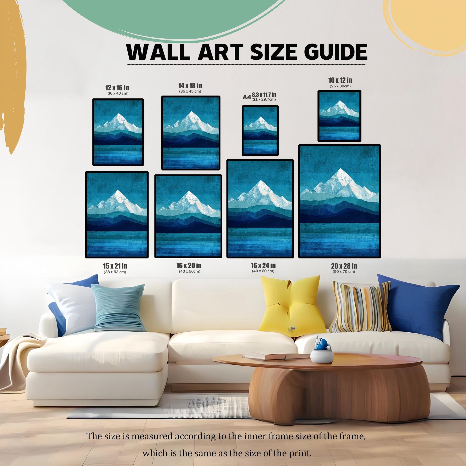 A wall art size guide showing eight different print dimensions ranging from 10x12 inches to 20x28 inches, arranged above a modern white sofa to help customers visualize the scale in their room.