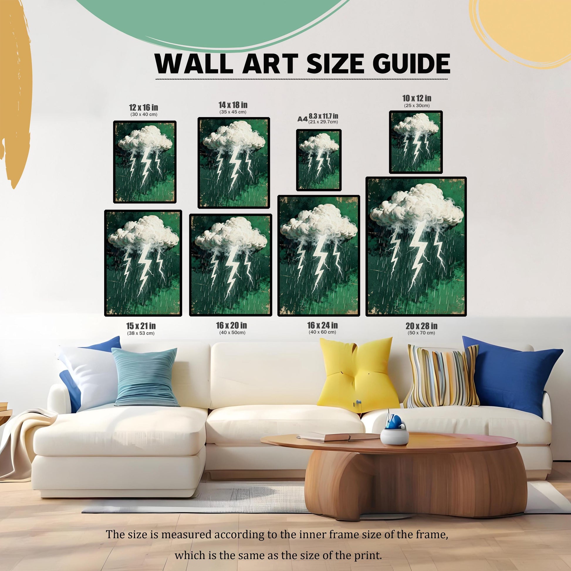 Wall Art Size Guide infographic showing various frame sizes (e.g., 12x16 in, 16x20 in, A4) for the stormy cloud and lightning print, displayed above a large white couch.