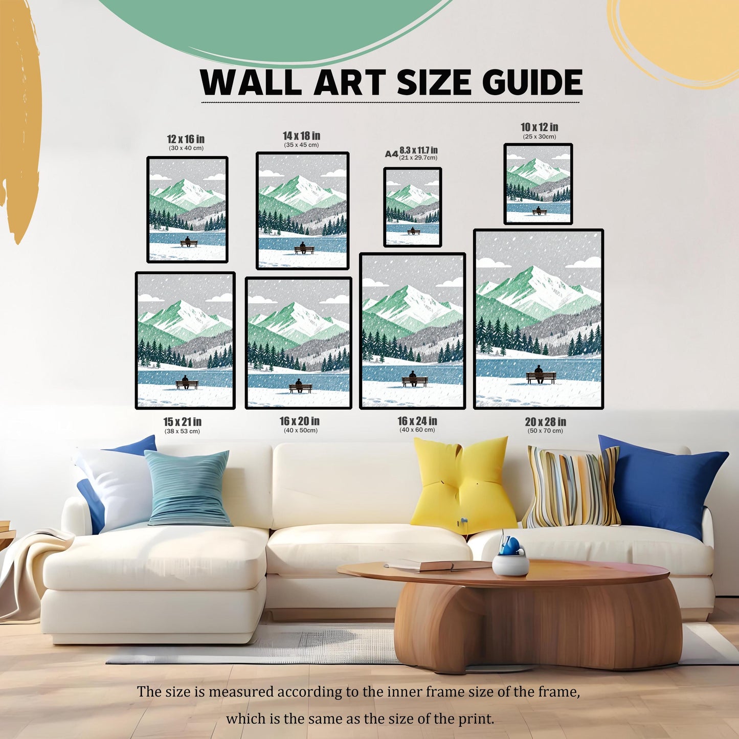 A WALL ART SIZE GUIDE graphic showing eight different size options (12x16, 14x18, A4, 10x12, 15x21, 16x20, 16x24, 20x28 in/cm) of the framed art print displayed above a white sofa in a living room setting.