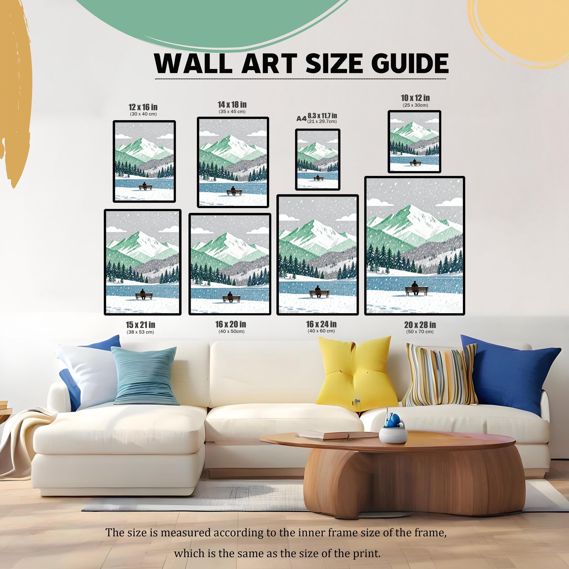 A WALL ART SIZE GUIDE graphic showing eight different size options (12x16, 14x18, A4, 10x12, 15x21, 16x20, 16x24, 20x28 in/cm) of the framed art print displayed above a white sofa in a living room setting.