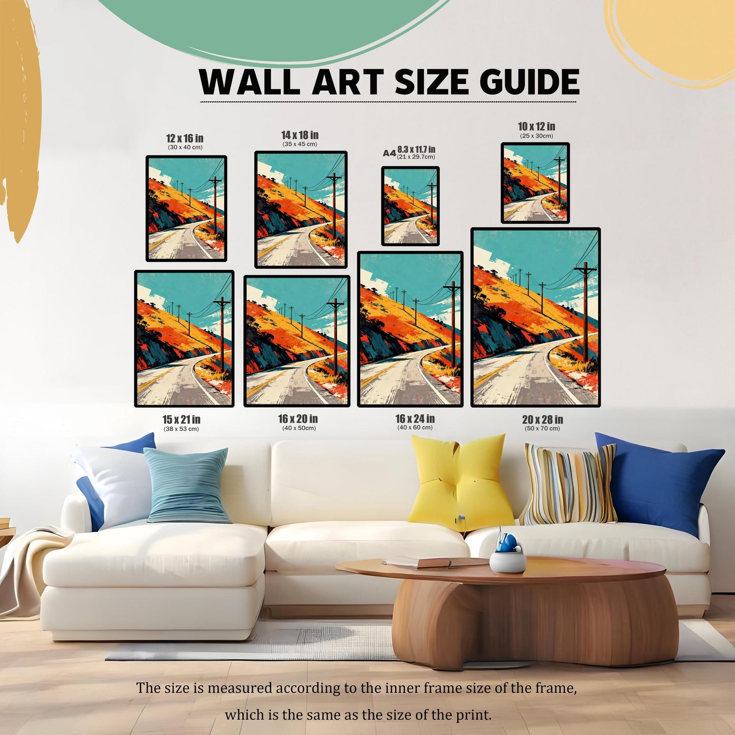 WALL ART SIZE GUIDE. The art print is shown in various sizes above a white couch to illustrate scale. Sizes listed include 12 x 16 IN (30 x 40 cm), 14 x 18 IN (35 x 45 cm), A4 (8.3 x 11.7 IN), 10 x 12 IN (25 x 30 cm), 15 x 21 IN (38 x 53 cm), 16 x 20 IN (40 x 50 cm), 16 x 24 IN (40 x 60 cm), and 20 x 28 IN (50 x 70 cm).