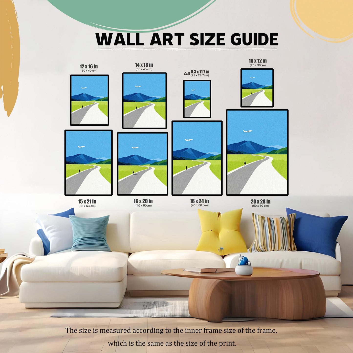 Wall art size guide showing various print dimensions from 10x12 inches to 20x28 inches displayed above a white sofa to help visualize scale in a living room.