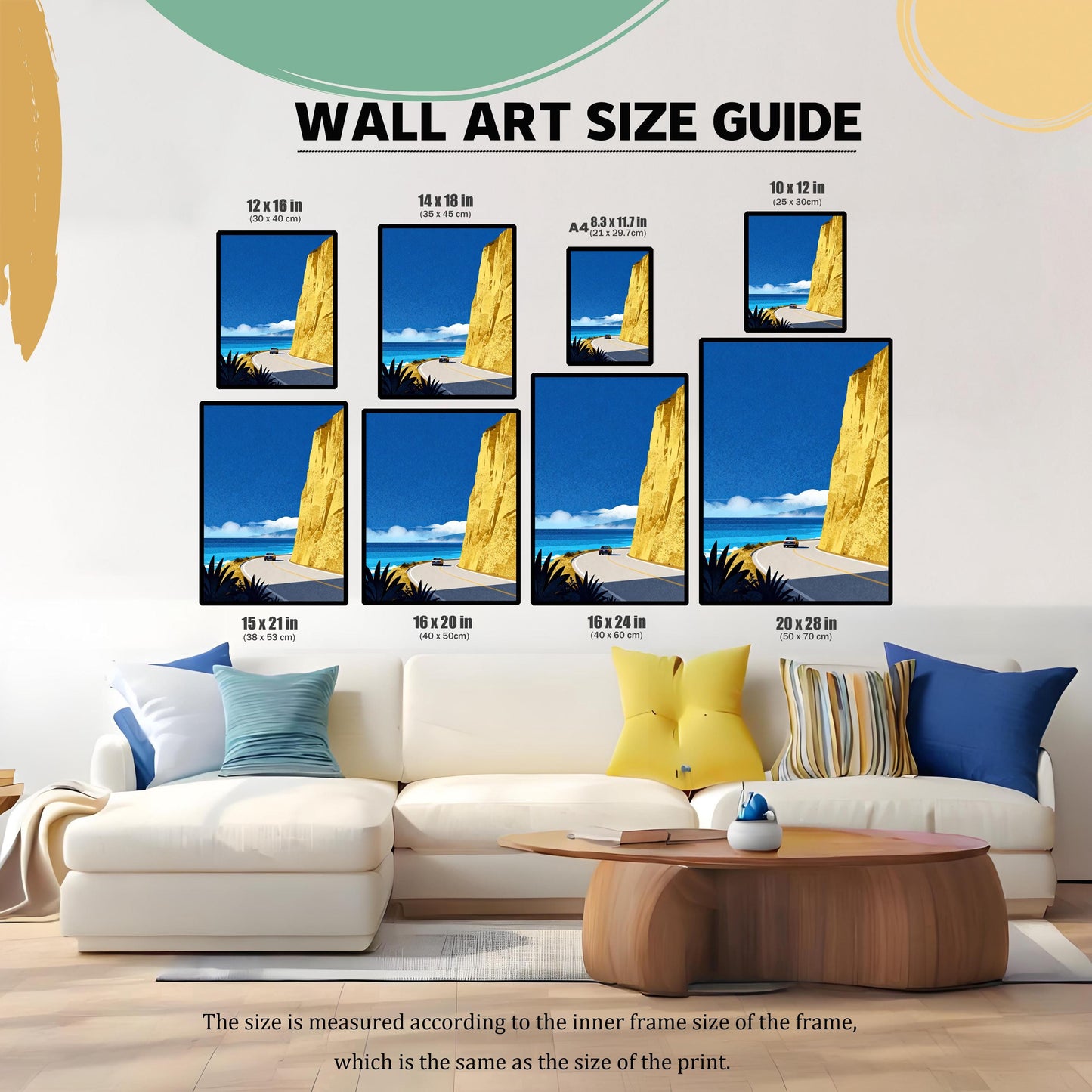 A wall art size guide showing various frame dimensions from 10x12 inches to 20x28 inches displayed above a white modern sofa to illustrate scale.
