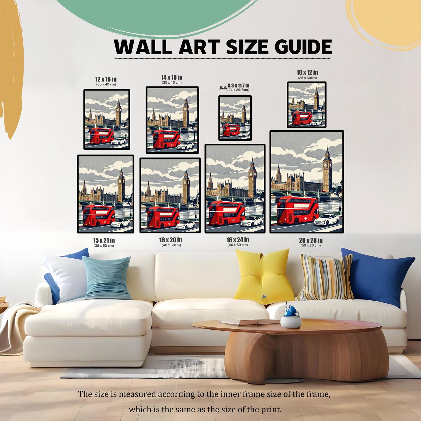 A wall art size guide showing eight different frame dimensions ranging from 10x12 inches to 20x28 inches arranged above a modern white sofa.