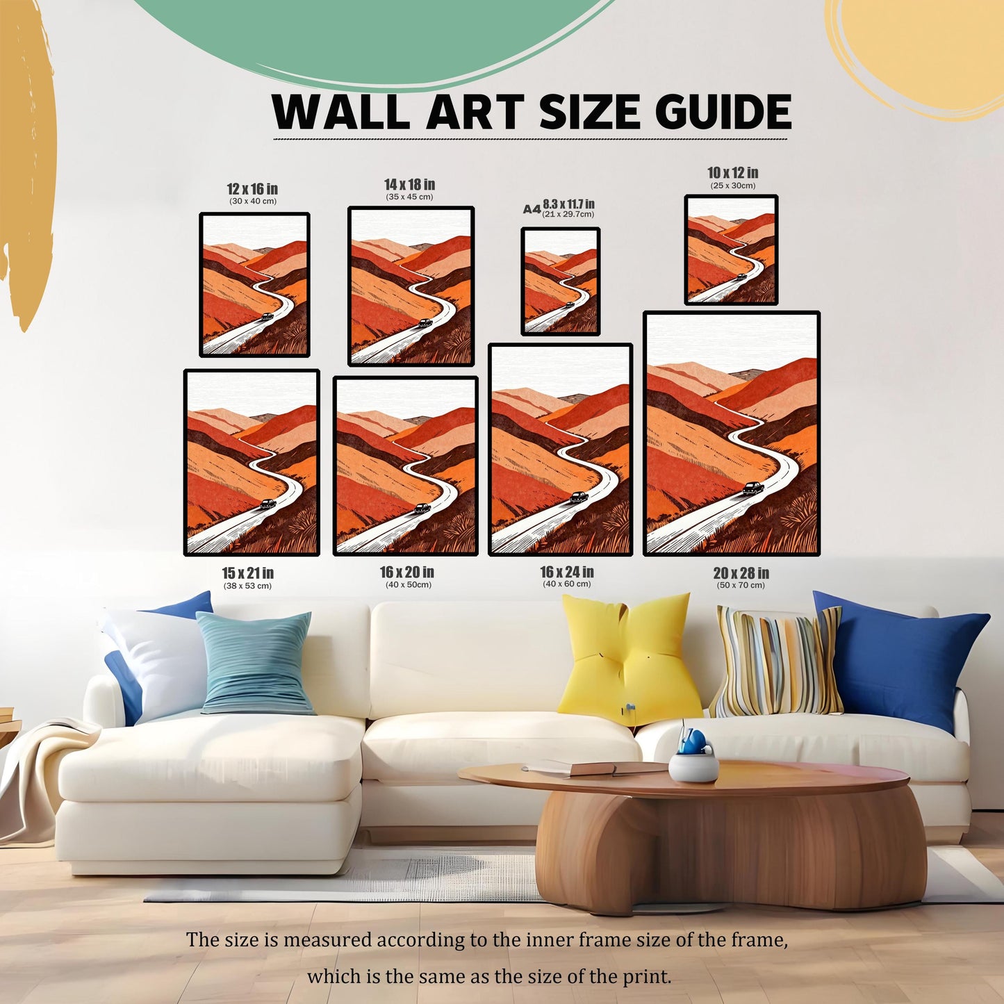 A comprehensive wall art size guide showing various dimensions from 10x12 inches to 20x28 inches displayed above a modern white sectional sofa.