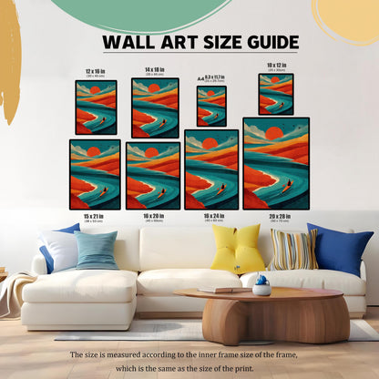 Wall art size guide showing various print dimensions from 10x12 inches to 20x28 inches displayed above a white sectional sofa for scale.
