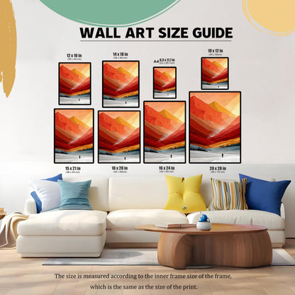 Wall art size guide chart showing various dimensions from 10x12 inches to 20x28 inches hanging above a white sectional sofa.