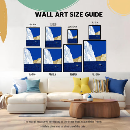 Wall art size guide showing various print dimensions from 10x12 inches to 20x28 inches arranged above a white sectional sofa for scale.