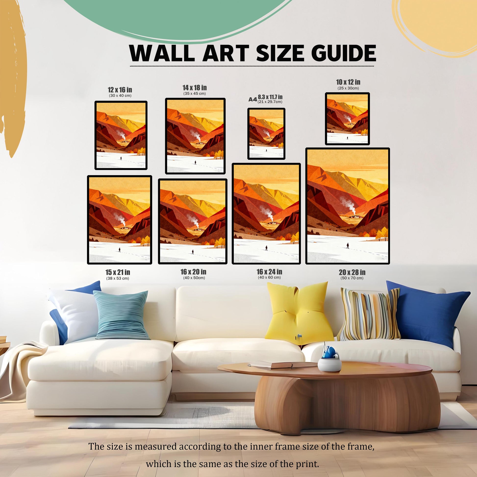 Wall art size guide showing various frame dimensions from 10x12 inches to 20x28 inches displayed proportionally above a white sectional sofa.