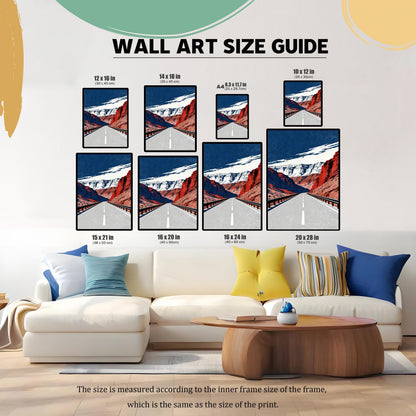 A WALL ART SIZE GUIDE graphic showing eight different size options (12x16, 14x18, A4, 10x12, 15x21, 16x20, 16x24, 20x28) of the art print displayed above a white sofa in a living room setting. The sizes are measured according to the inner frame size/size of the print.