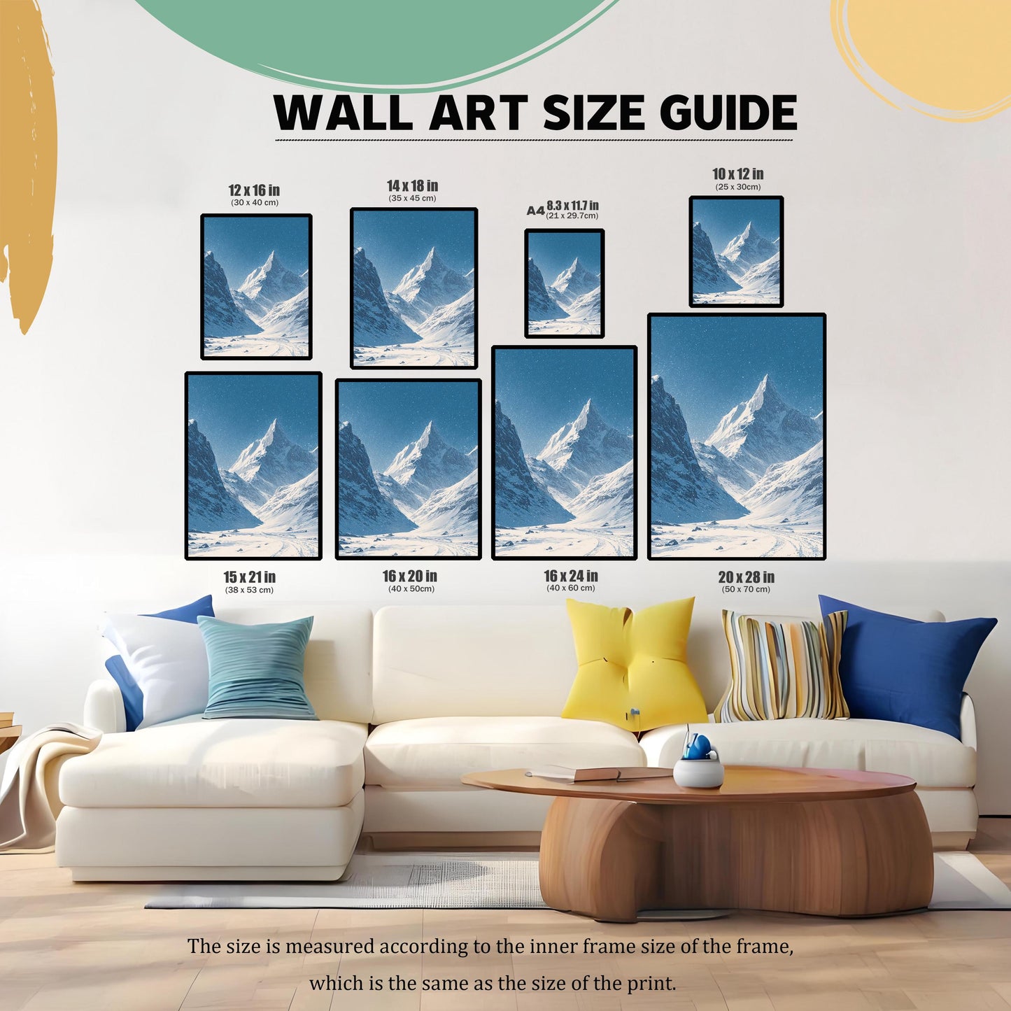 Wall Art Size Guide illustrating eight available print sizes (12x16, 14x18, A4, 10x12, 15x21, 16x20, 16x24, 20x28 inches) of the snowy mountain print, displayed above a white sofa for scale.