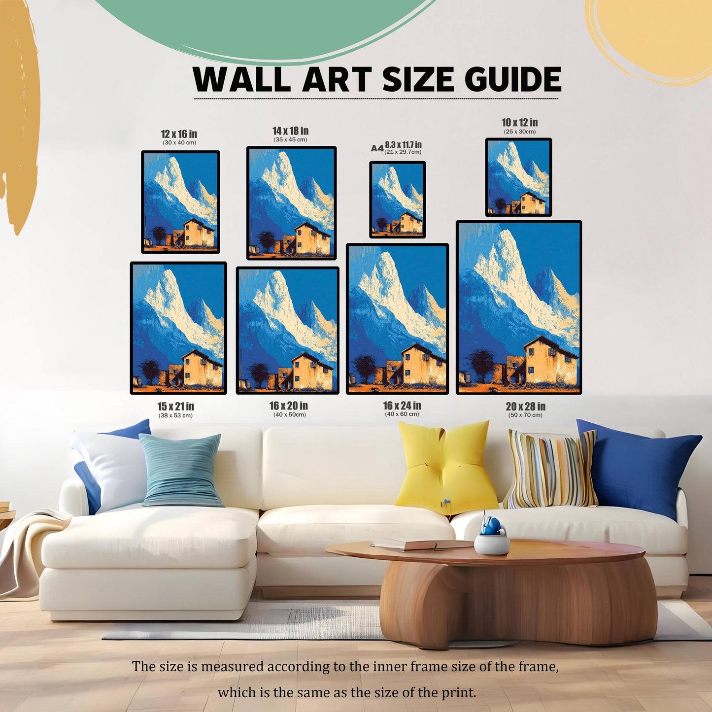Wall Art Size Guide illustrating eight different frame sizes for the mountain and house print (12x16, 14x18, A4, 10x12, 15x21, 16x20, 16x24, 20x28 inches/cm), displayed above a living room sofa.