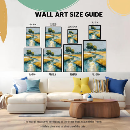 A Wall Art Size Guide graphic. It shows seven different sizes of the framed landscape art print (12x16, 14x18, A4, 10x12, 15x21, 16x20, 16x24, 20x28) displayed on a wall above a white sofa to illustrate scale.