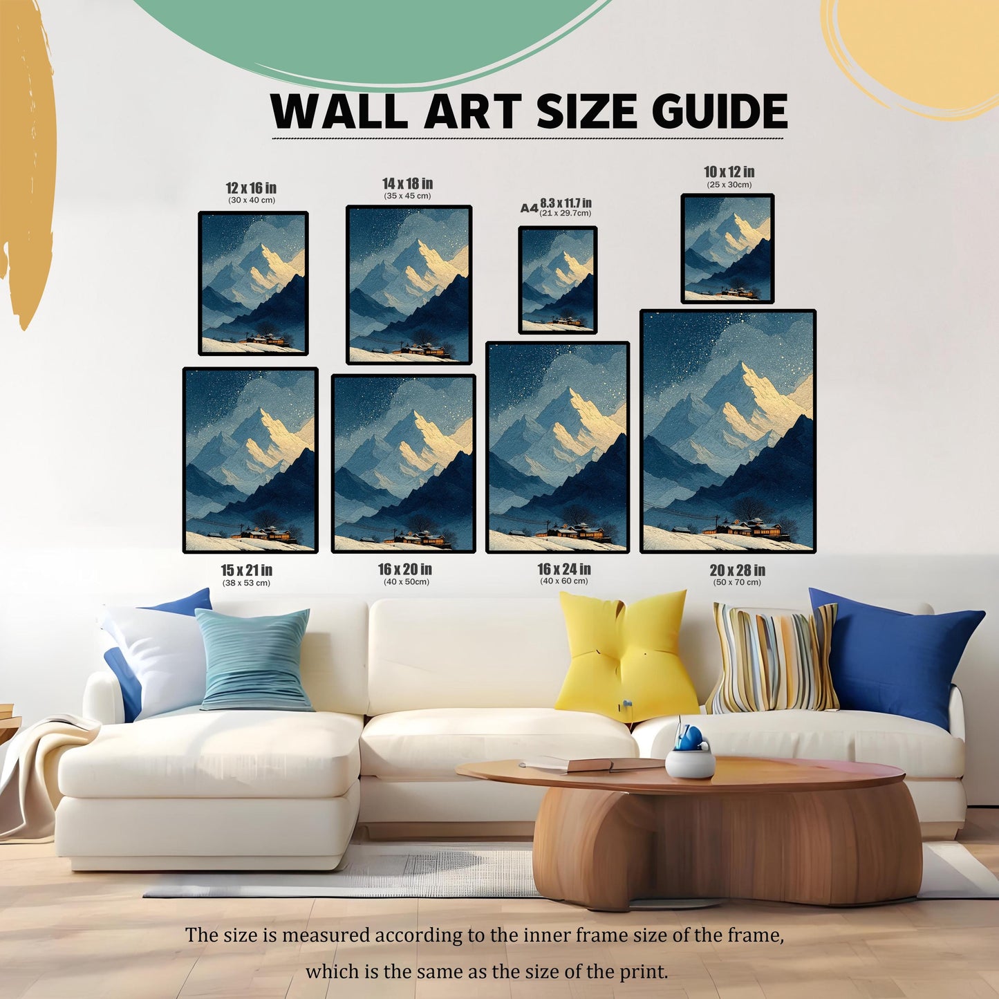 A Wall Art Size Guide graphic. It shows seven different sizes of the framed mountain art print (12x16, 14x18, A4, 10x12, 15x21, 16x20, 16x24, 20x28) displayed on a wall above a white sofa to illustrate scale.