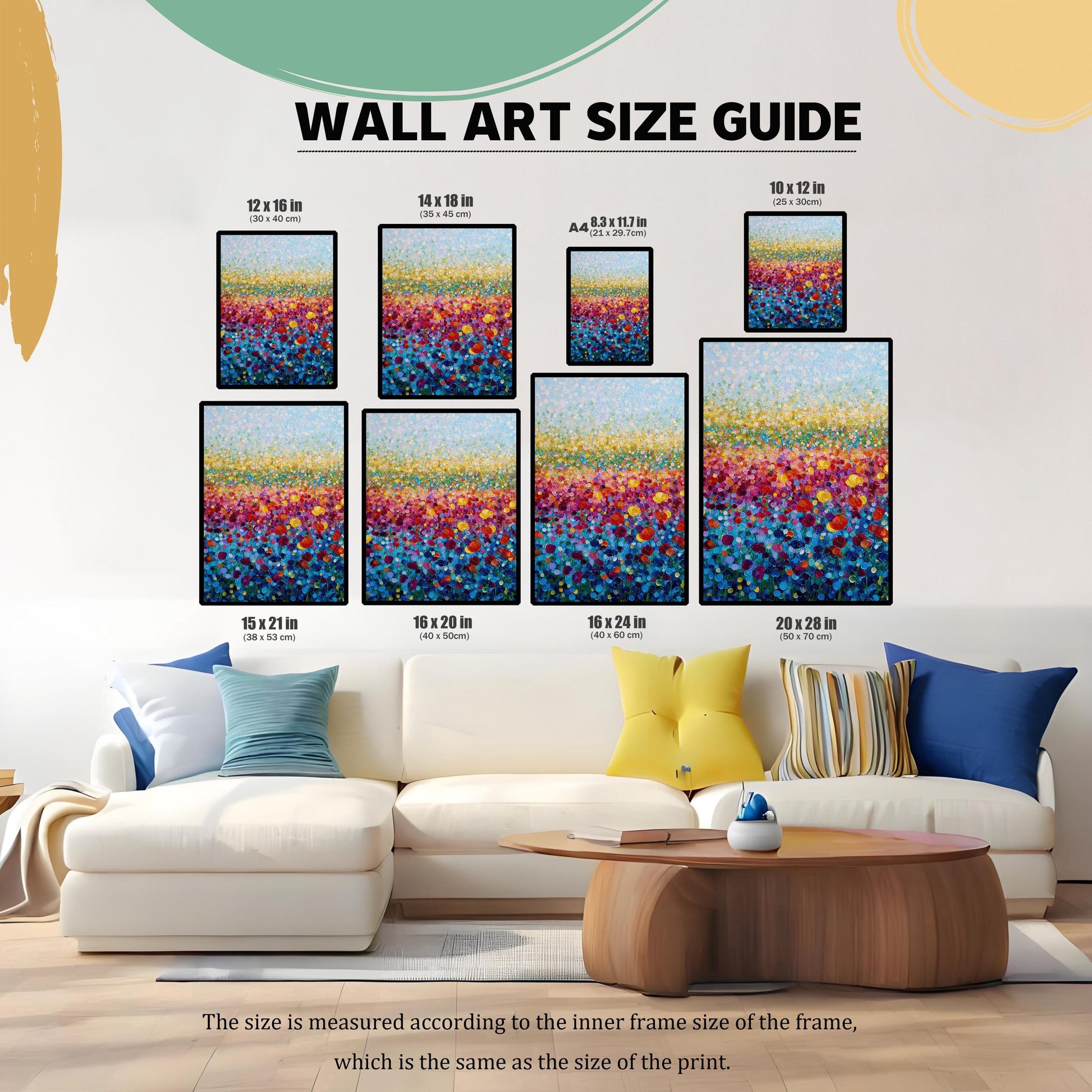 Wall Art Size Guide illustrating eight available print sizes (12x16, 14x18, A4, 10x12, 15x21, 16x20, 16x24, 20x28 inches) displayed above a white sofa in a living room setting for scale.