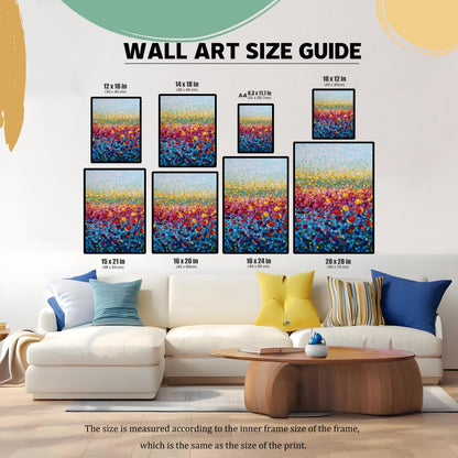 Wall Art Size Guide illustrating eight available print sizes (12x16, 14x18, A4, 10x12, 15x21, 16x20, 16x24, 20x28 inches) displayed above a white sofa in a living room setting for scale.