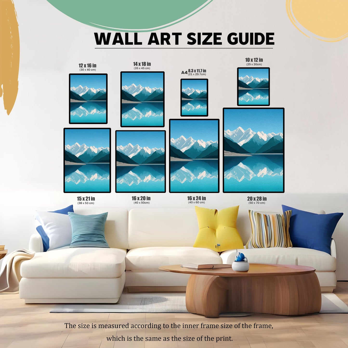 May include: A wall art size guide displays framed landscape art prints in various sizes, including 12x16 inches, 14x18 inches, and 20x28 inches. The prints feature a mountain and lake scene. The text reads "WALL ART SIZE GUIDE."