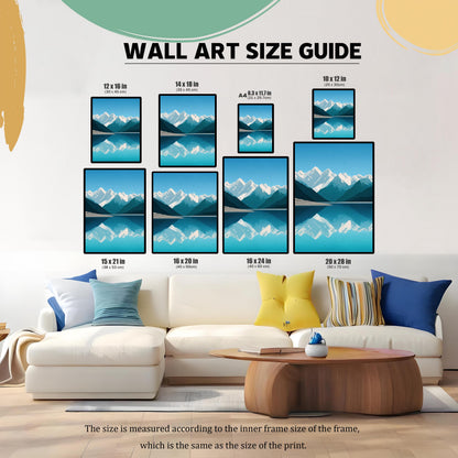 May include: A wall art size guide displays framed landscape art prints in various sizes, including 12x16 inches, 14x18 inches, and 20x28 inches. The prints feature a mountain and lake scene. The text reads "WALL ART SIZE GUIDE."