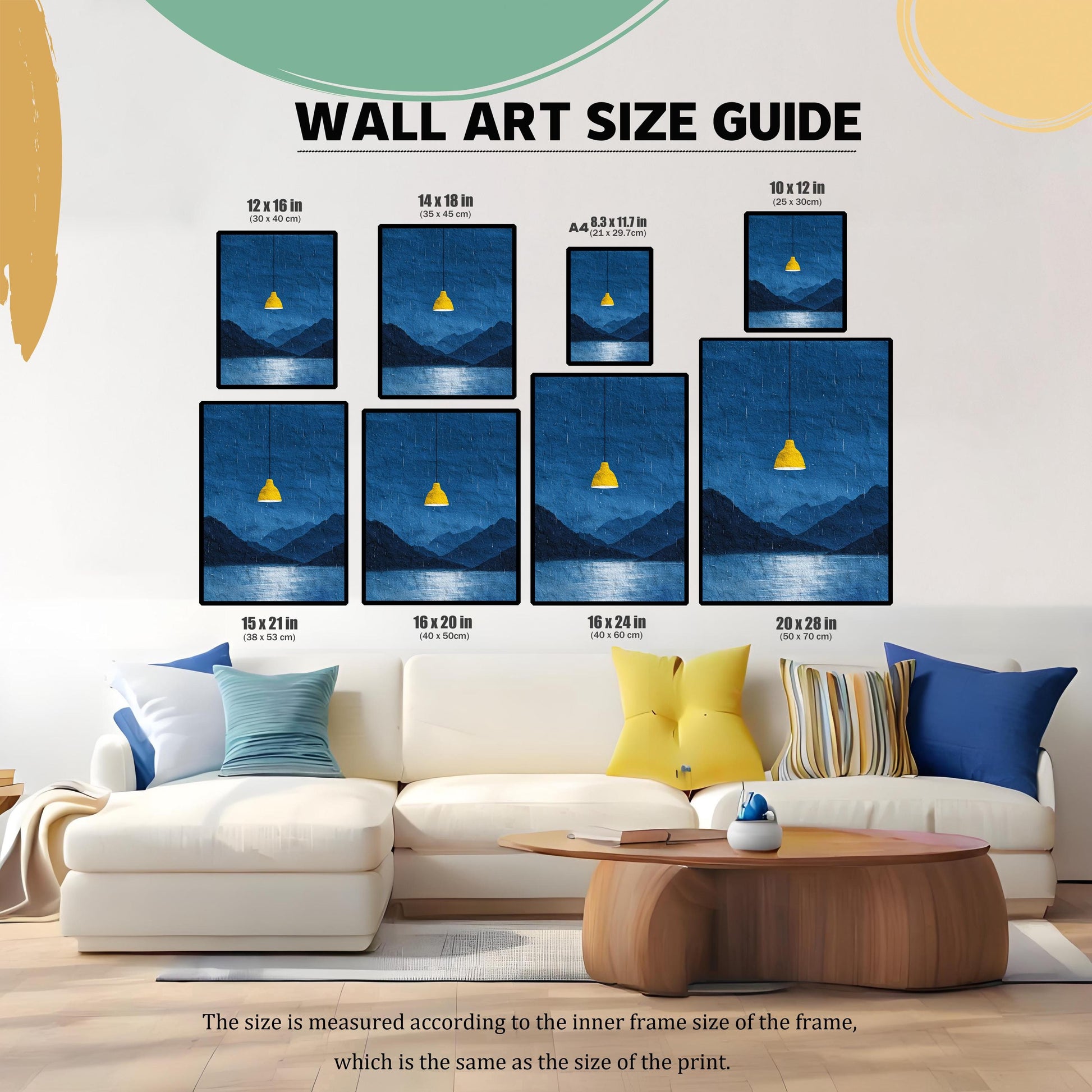 WALL ART SIZE GUIDE. An image showing different print sizes (12x16 in, 14x18 in, A4, 10x12 in, 15x21 in, 16x20 in, 16x24 in, 20x28 in) featuring the yellow lamp print, arranged above a large white couch to illustrate their scale in a living room setting.