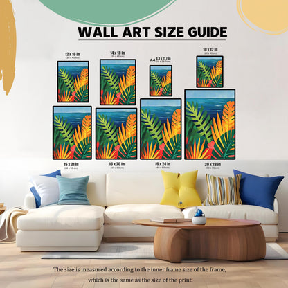 Wall Art Size Guide graphic. It displays nine different available print sizes in inches and centimeters (e.g., 12×16 in, 16×24 in, A4) of the tropical seascape artwork, arranged over a sofa for scale. Text clarifies that the size is measured according to the inner frame size, which is the same as the size of the print.