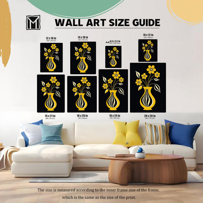Wall art size guide showing various framed dimensions of the yellow flower vase print in a living room setting, displayed above a white couch. Sizes include 12x16, 14x18, A4, 10x12, 15x21, 16x20, 16x24, and 20x28 inches.