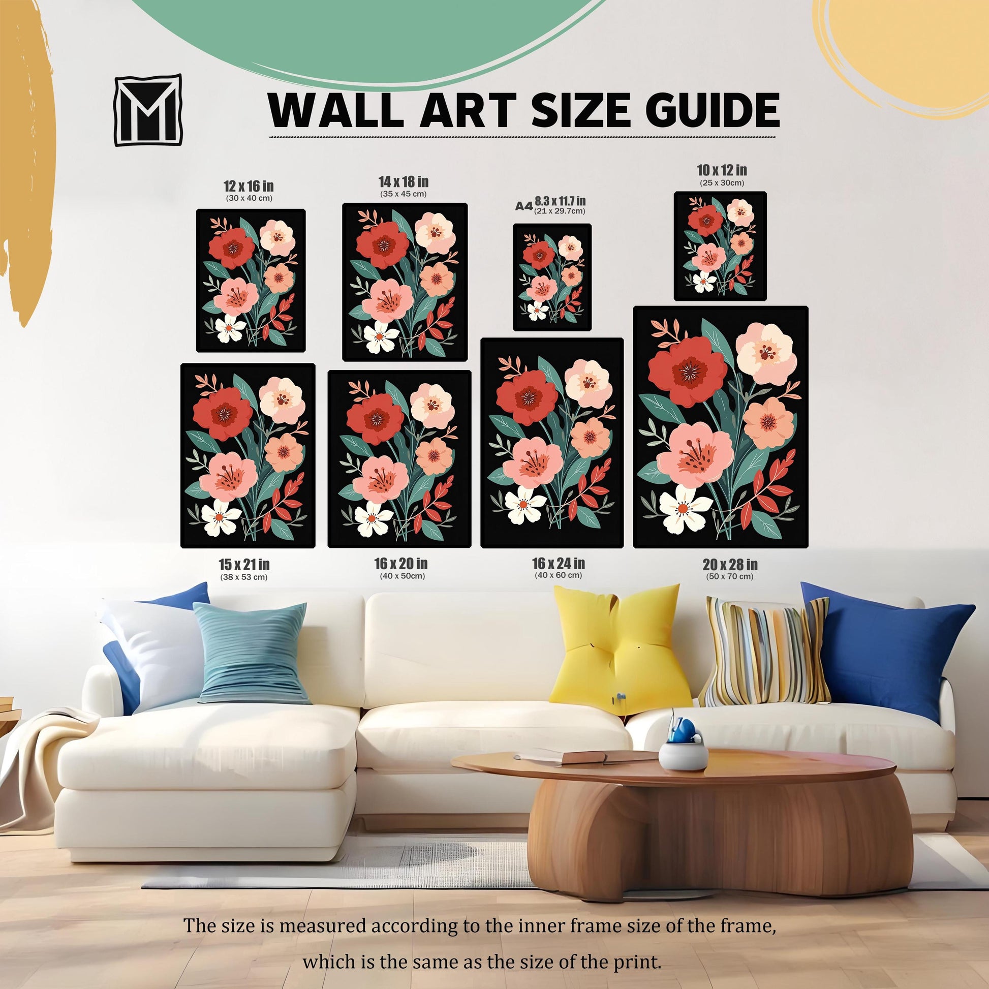 Wall art size guide showing various frame dimensions for a living room setting, displayed above a white couch. Sizes include 12x16, 14x18, A4, 10x12, 15x21, 16x20, 16x24, and 20x28 inches.