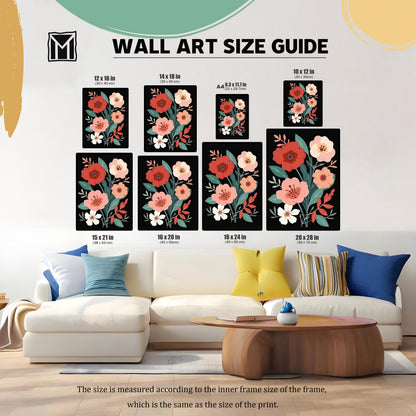 Wall art size guide showing various frame dimensions for a living room setting, displayed above a white couch. Sizes include 12x16, 14x18, A4, 10x12, 15x21, 16x20, 16x24, and 20x28 inches.