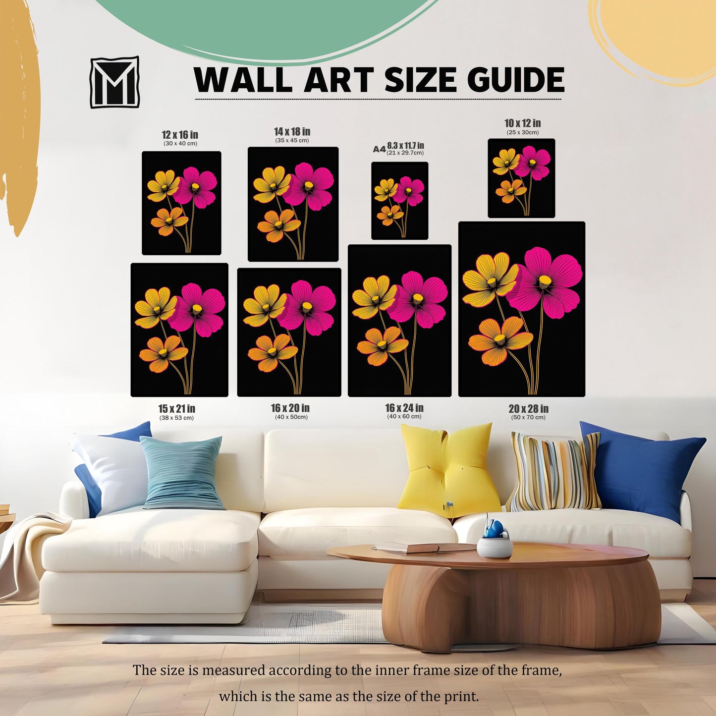 Wall Art Size Guide image showing 9 different poster sizes: 12x16, 14x18, 8.3x11.7 (A4), 10x12, 15x21, 16x20, 16x24, and 20x28 inches. The vibrant floral prints are displayed above a white sectional sofa.