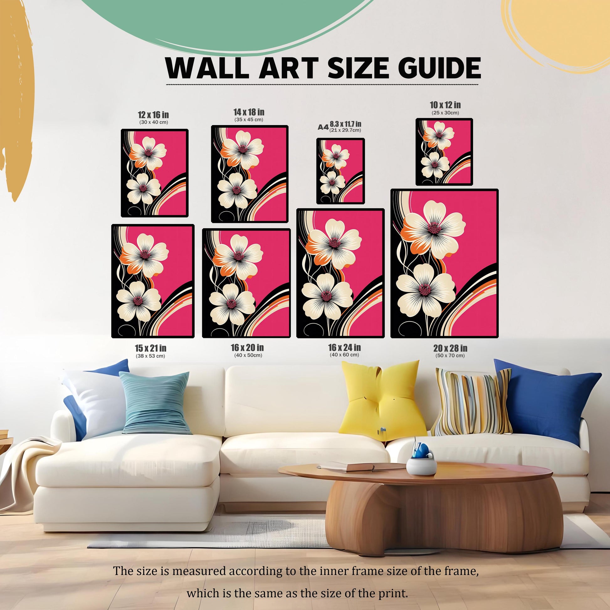 Wall Art Size Guide image showing 9 different poster sizes: 12x16, 14x18, 8.3x11.7 (A4), 10x12, 15x21, 16x20, 16x24, and 20x28 inches. The floral prints are displayed above a large white sectional sofa.