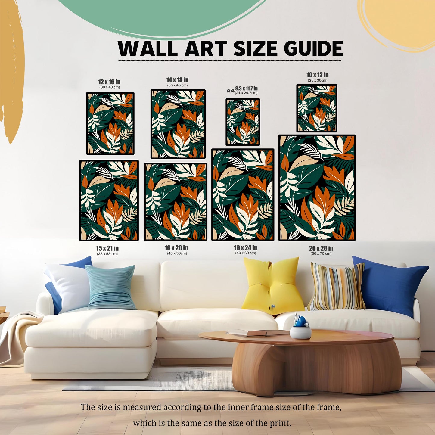 Wall Art Size Guide image showing 9 different poster sizes: 12x16, 14x18, 8.3x11.7 (A4), 10x12, 15x21, 16x20, 16x24, and 20x28 inches. The prints are displayed above a white sofa.