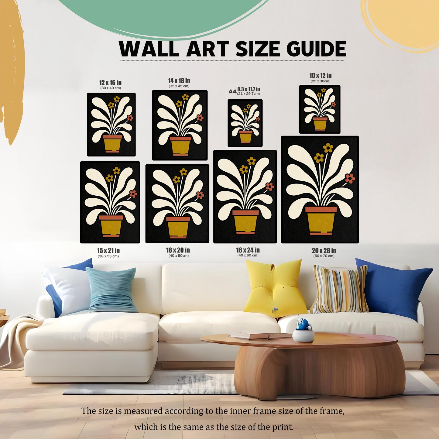 Wall Art Size Guide showing the framed abstract potted plant print in various sizes, including: 12×16 in, 14×18 in, A4 (8.3×11.7 in), 10×12 in, 15×21 in, 16×20 in, 16×24 in, and 20×28 in. The prints are shown above a sofa for scale.
