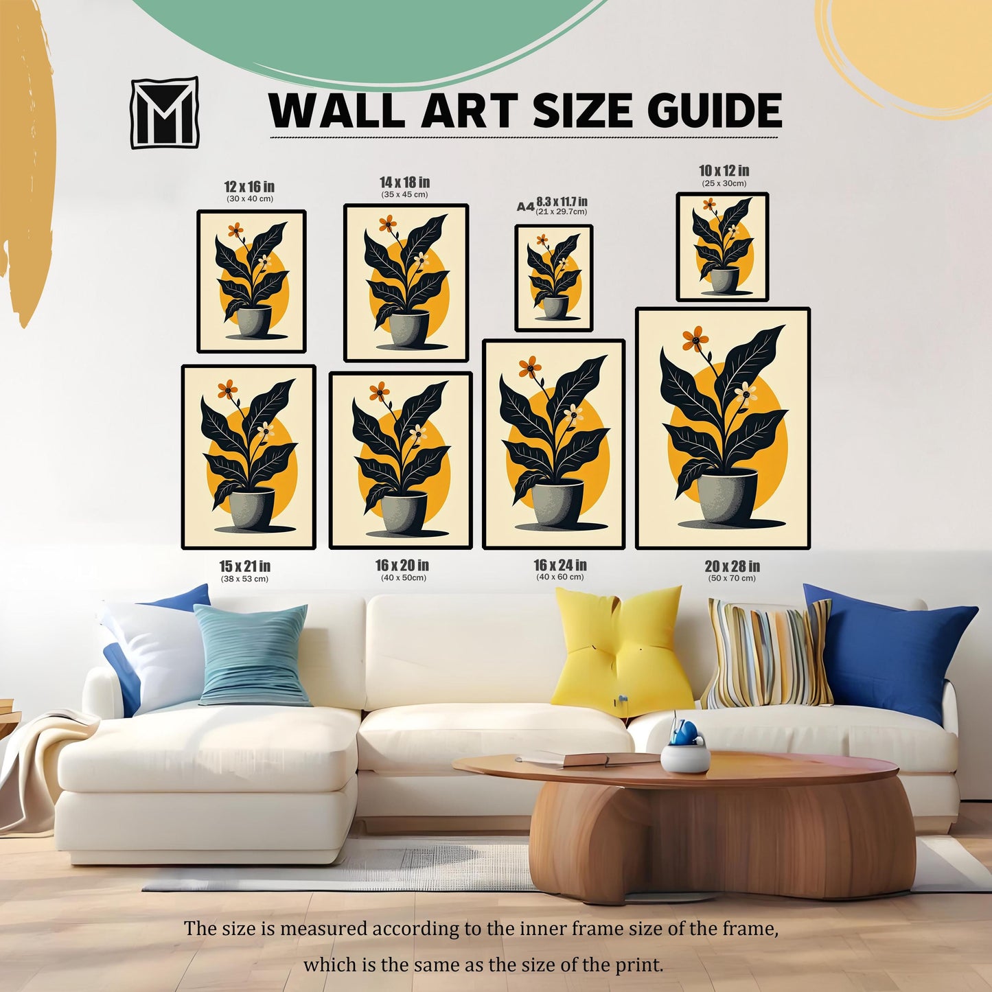 Wall Art Size Guide showing the framed abstract potted plant print in various sizes, including: 12×16 in, 14×18 in, A4 (8.3×11.7 in), 10×12 in, 15×21 in, 16×20 in, 16×24 in, and 20×28 in. The prints are shown above a sofa for scale.