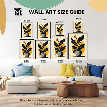 Wall Art Size Guide showing the framed abstract potted plant print in various sizes, including: 12×16 in, 14×18 in, A4 (8.3×11.7 in), 10×12 in, 15×21 in, 16×20 in, 16×24 in, and 20×28 in. The prints are shown above a sofa for scale.