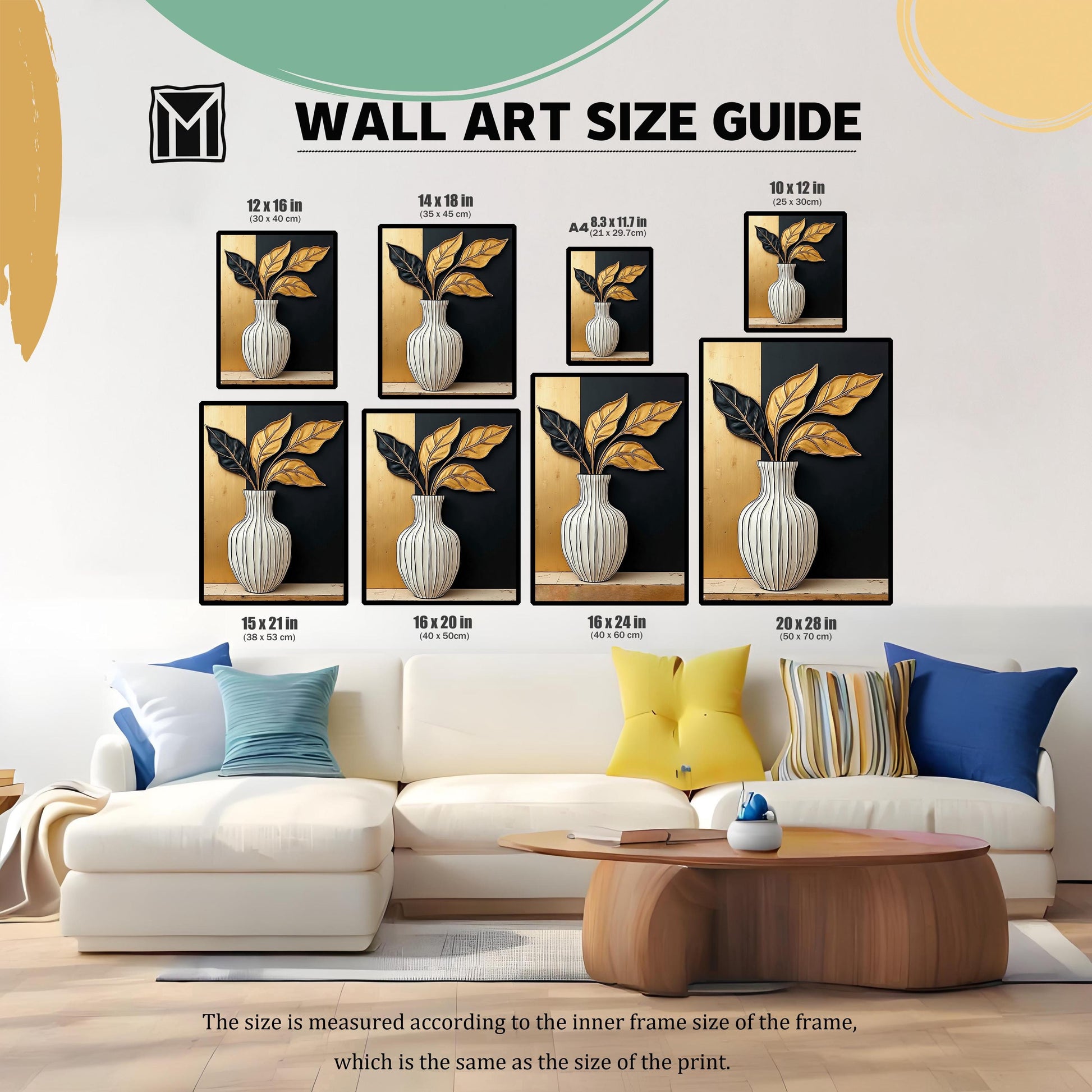 Wall art size guide showing various framed dimensions of the black and gold vase print in a living room setting, displayed above a white couch. Sizes include 12x16, 14x18, A4, 10x12, 15x21, 16x20, 16x24, and 20x28 inches.