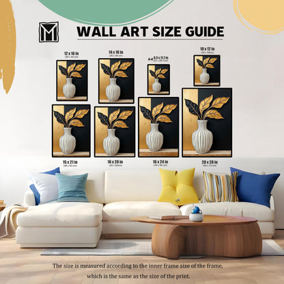 Wall art size guide showing various framed dimensions of the black and gold vase print in a living room setting, displayed above a white couch. Sizes include 12x16, 14x18, A4, 10x12, 15x21, 16x20, 16x24, and 20x28 inches.