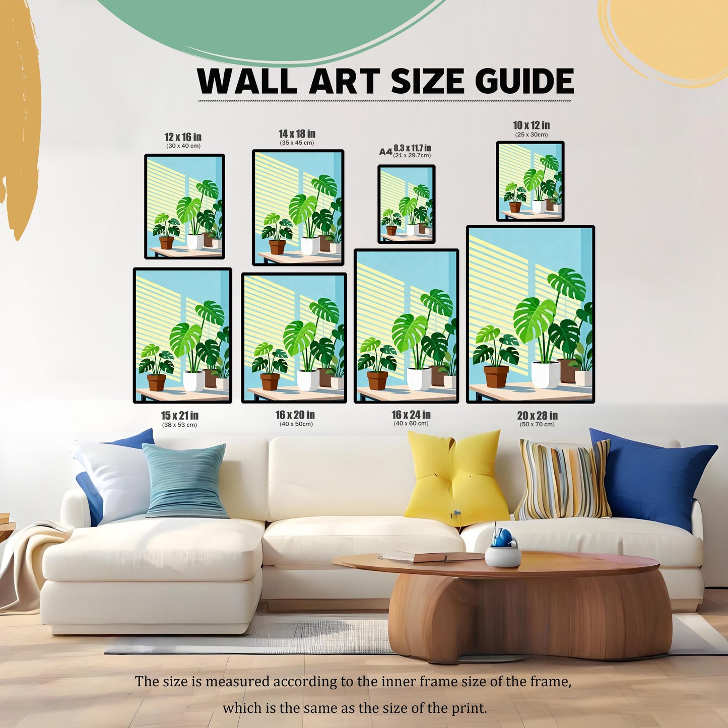WALL ART SIZE GUIDE. Image showing eight different proportional sizes of the framed art print displayed above a white sofa in a modern living room setting. Sizes include 12x16 in, 14x18 in, 8.3x11.7 in (A4), 10x12 in, 15x21 in, 16x20 in, 16x24 in, and 20x28 in.
