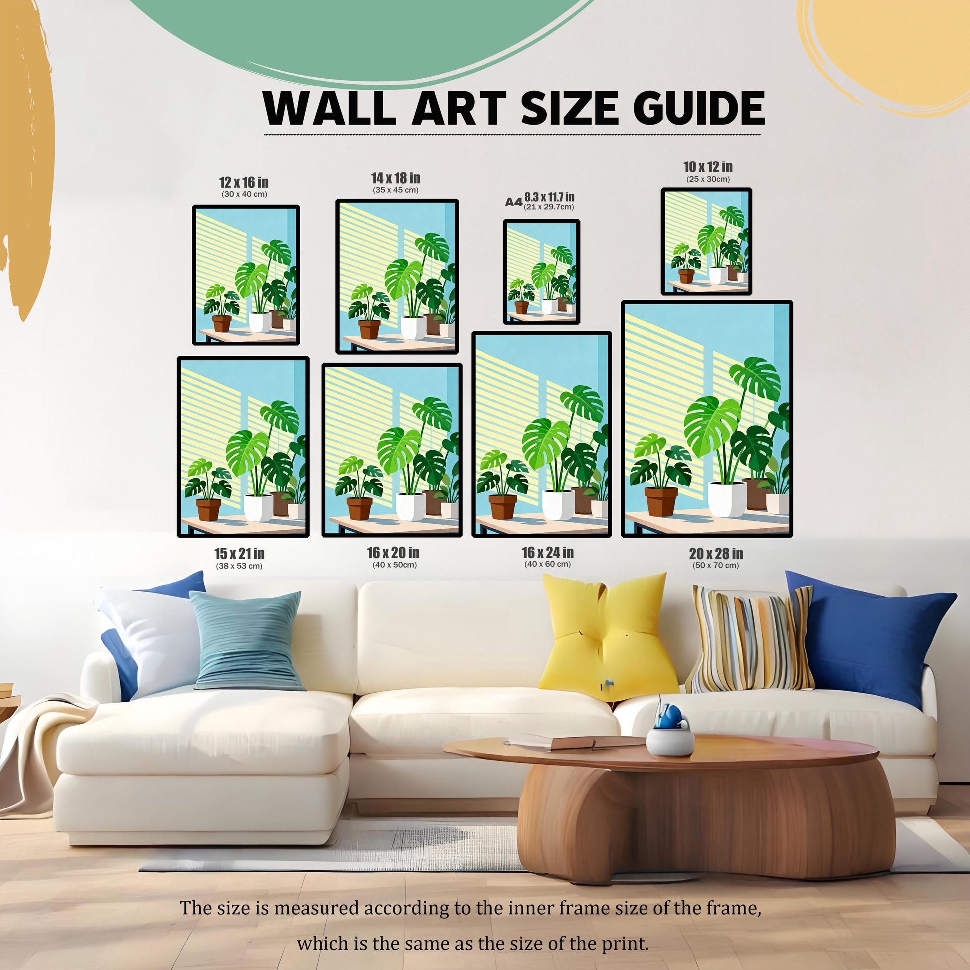 WALL ART SIZE GUIDE. Image showing eight different proportional sizes of the framed art print displayed above a white sofa in a modern living room setting. Sizes include 12x16 in, 14x18 in, 8.3x11.7 in (A4), 10x12 in, 15x21 in, 16x20 in, 16x24 in, and 20x28 in.