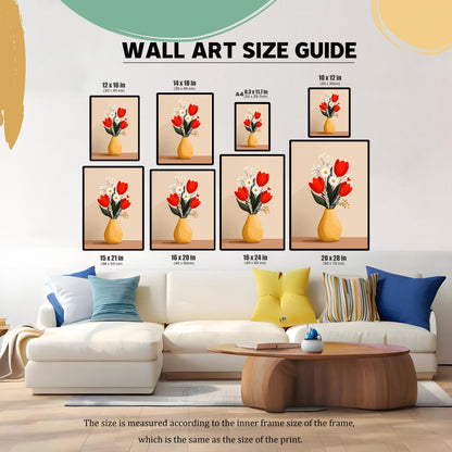 WALL ART SIZE GUIDE. Image showing eight different proportional sizes of the framed art print displayed above a white sofa in a modern living room setting. Sizes include 12x16 in, 14x18 in, 8.3x11.7 in (A4), 10x12 in, 15x21 in, 16x20 in, 16x24 in, and 20x28 in.