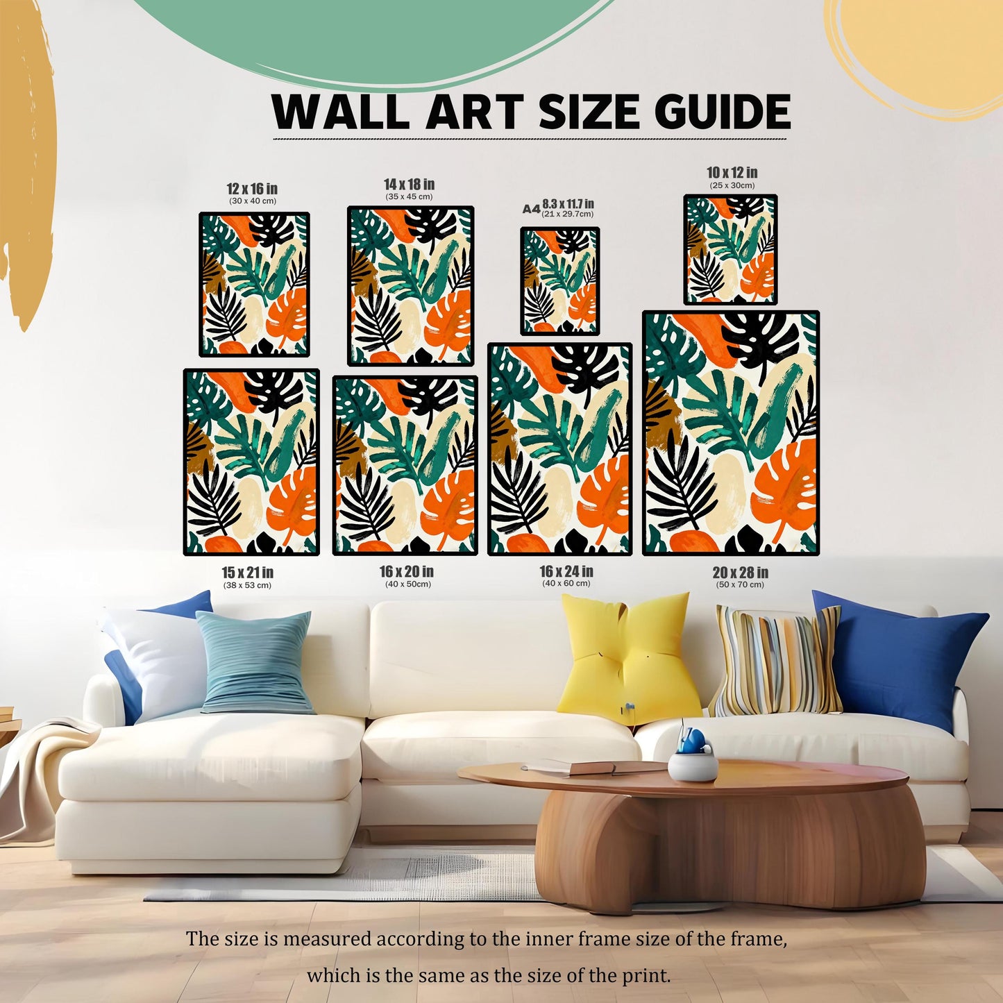 Wall Art Size Guide graphic. It displays nine different available print sizes in inches and centimeters (e.g., 12×16 in, 16×24 in, A4), arranged over a sofa for scale. Text clarifies that the size is measured according to the inner frame size, which is the same as the size of the print.