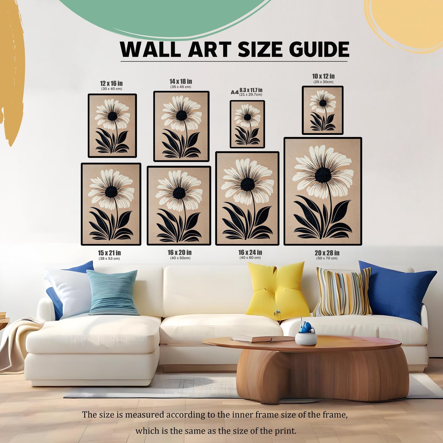 Wall Art Size Guide illustrating different print sizes from 10x12 to 20x28 inches (with centimeter conversions) of the flower print over a white sectional couch.