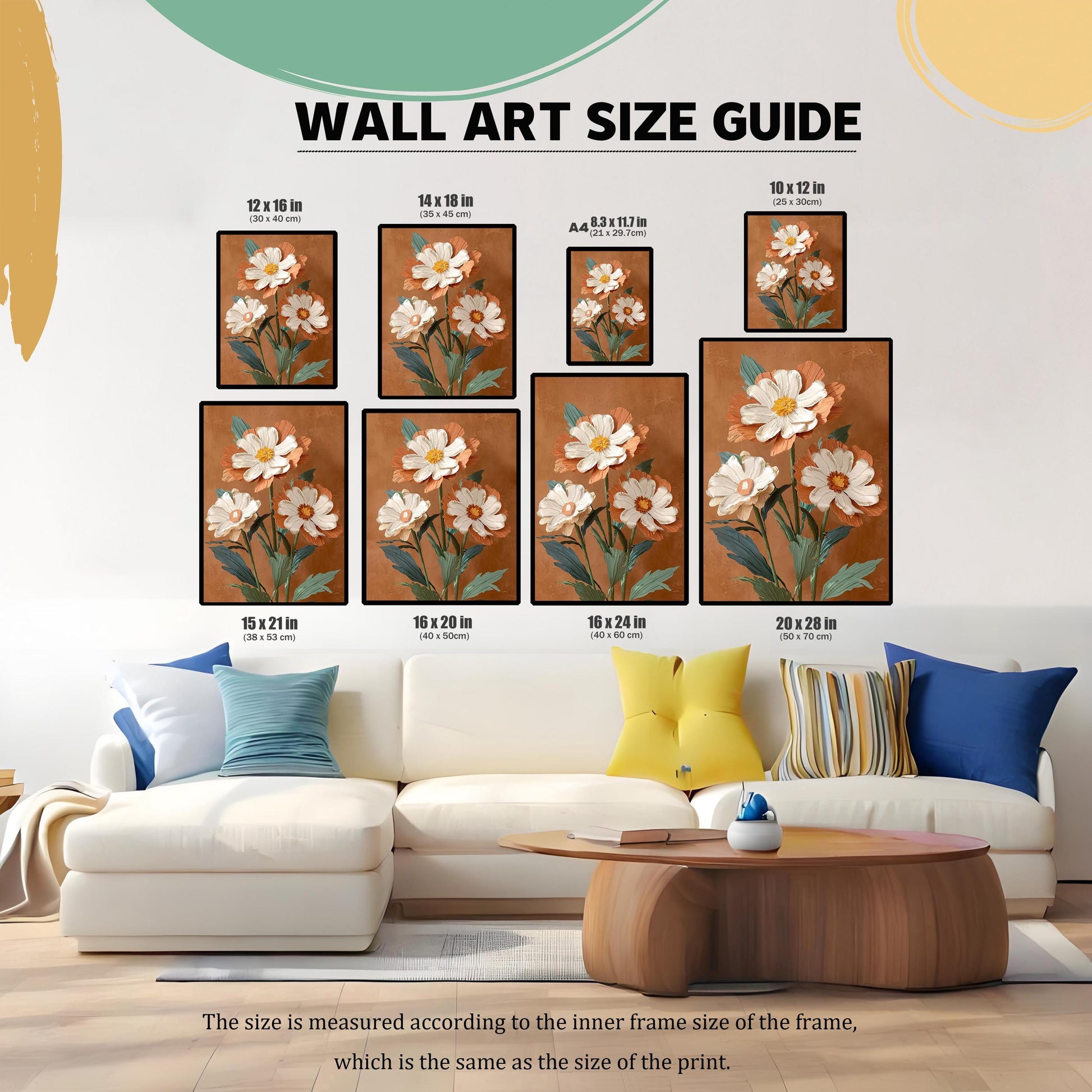 Wall Art Size Guide illustrating various print sizes (from 10x12 in to 20x28 in) of the textured floral print over a white sectional couch.