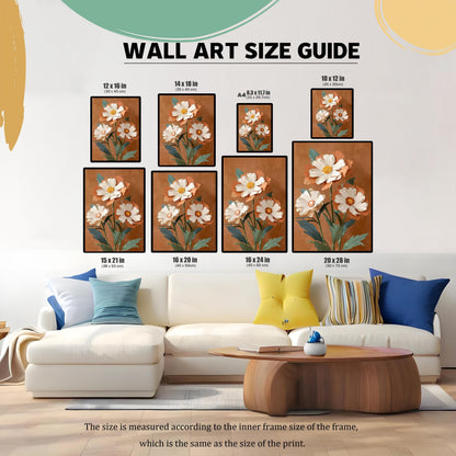Wall Art Size Guide illustrating various print sizes (from 10x12 in to 20x28 in) of the textured floral print over a white sectional couch.