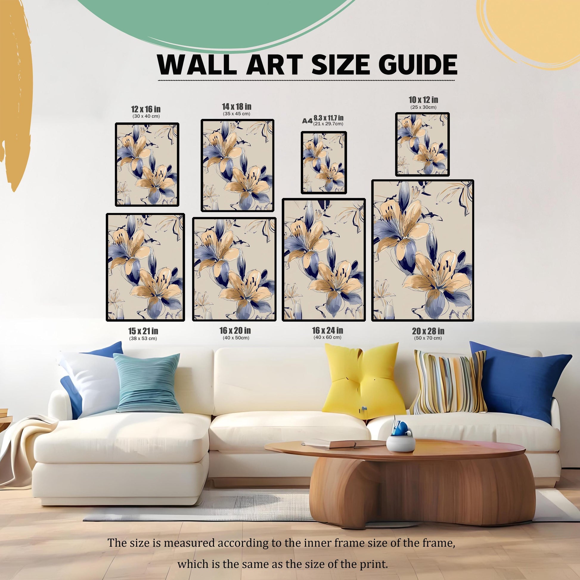 Wall Art Size Guide displaying eight different framed print sizes (from 10x12 in to 20x28 in) of the Navy and Peach Floral Art, positioned above a white sofa in a living room, illustrating various dimensions.