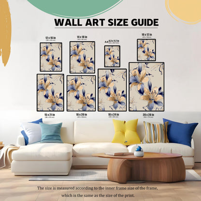 Wall Art Size Guide displaying eight different framed print sizes (from 10x12 in to 20x28 in) of the Navy and Peach Floral Art, positioned above a white sofa in a living room, illustrating various dimensions.