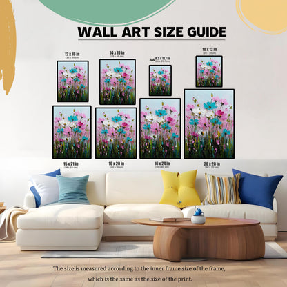 Wall Art Size Guide graphic showing the floral print in multiple sizes: 12x16 in, 14x18 in, A4, 10x12 in, 15x21 in, 16x20 in, 16x24 in, and 20x28 in. The sizes are modeled above a large, white sectional couch with blue and yellow throw pillows.