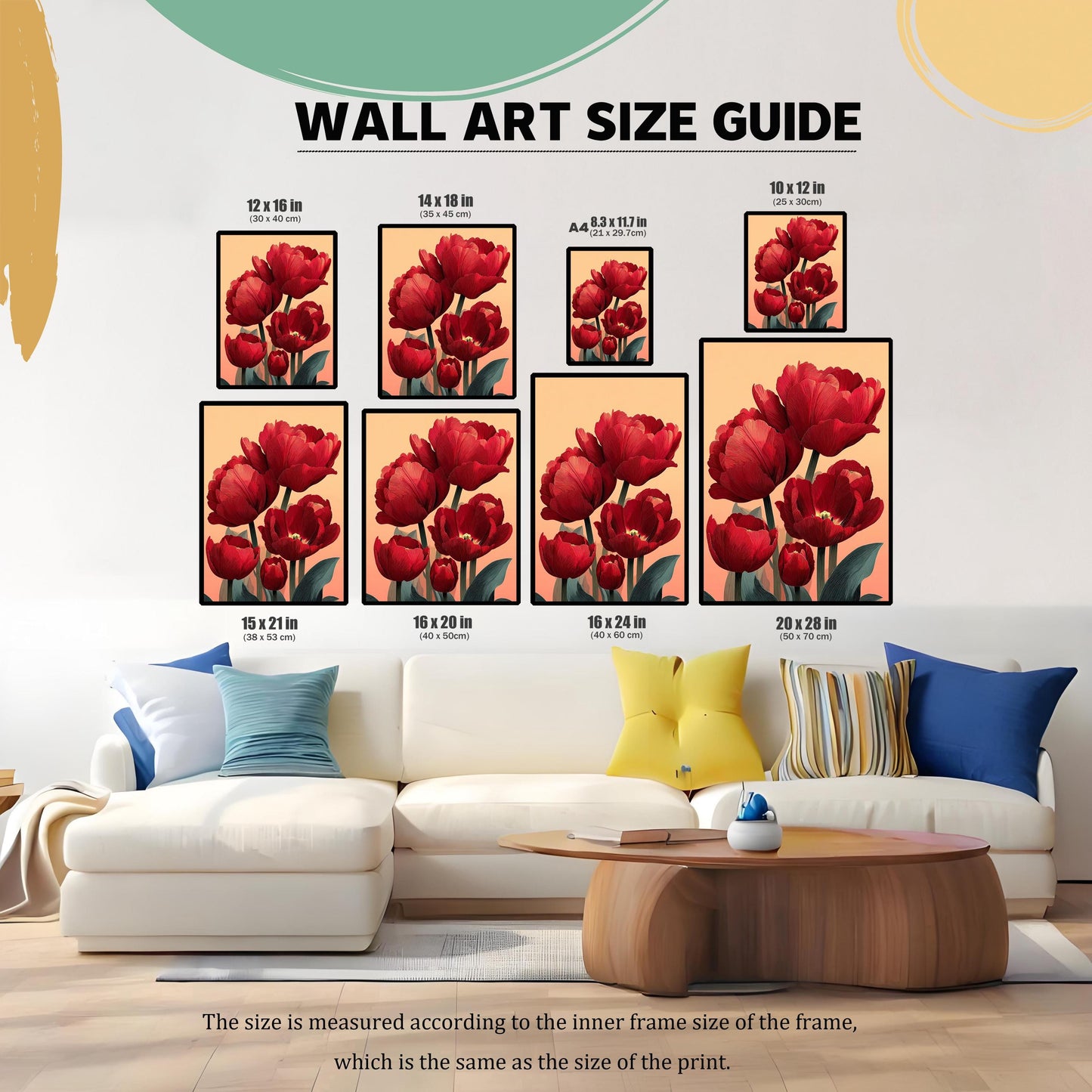 A Wall Art Size Guide graphic, showing nine different print sizes (e.g., 12x16 in, 16x24 in, 20x28 in) of the red tulip art displayed above a large white couch in a living room setting for scale.