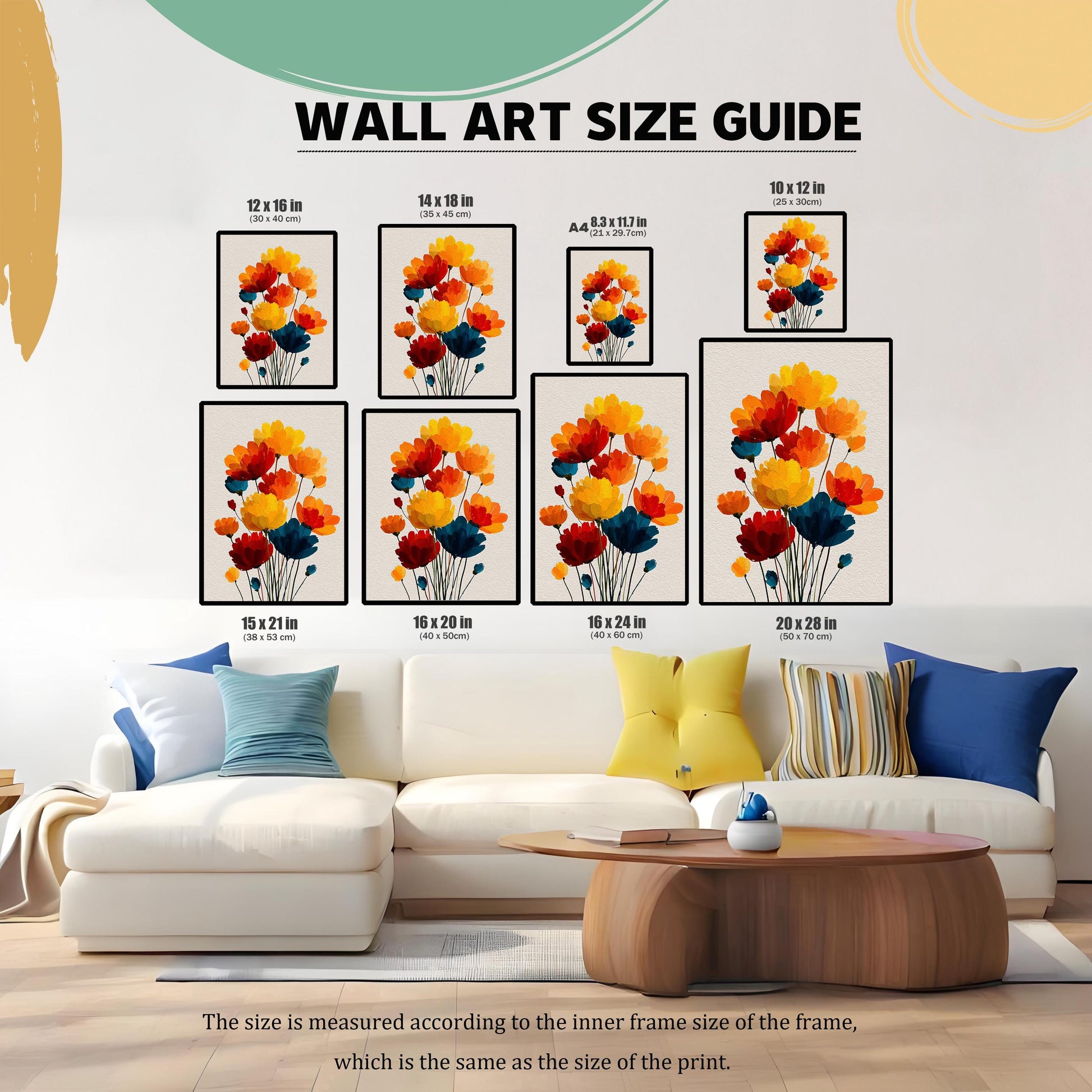 Wall Art Size Guide showing the framed colorful floral art print in eight different sizes placed above a white sectional sofa, including 12x16, 14x18, A4 (8.3x11.7), 10x12, 15x21, 16x20, 16x24, and 20x28 inches.