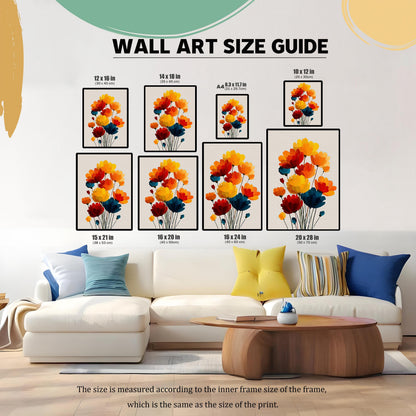 Wall Art Size Guide showing the framed colorful floral art print in eight different sizes placed above a white sectional sofa, including 12x16, 14x18, A4 (8.3x11.7), 10x12, 15x21, 16x20, 16x24, and 20x28 inches.