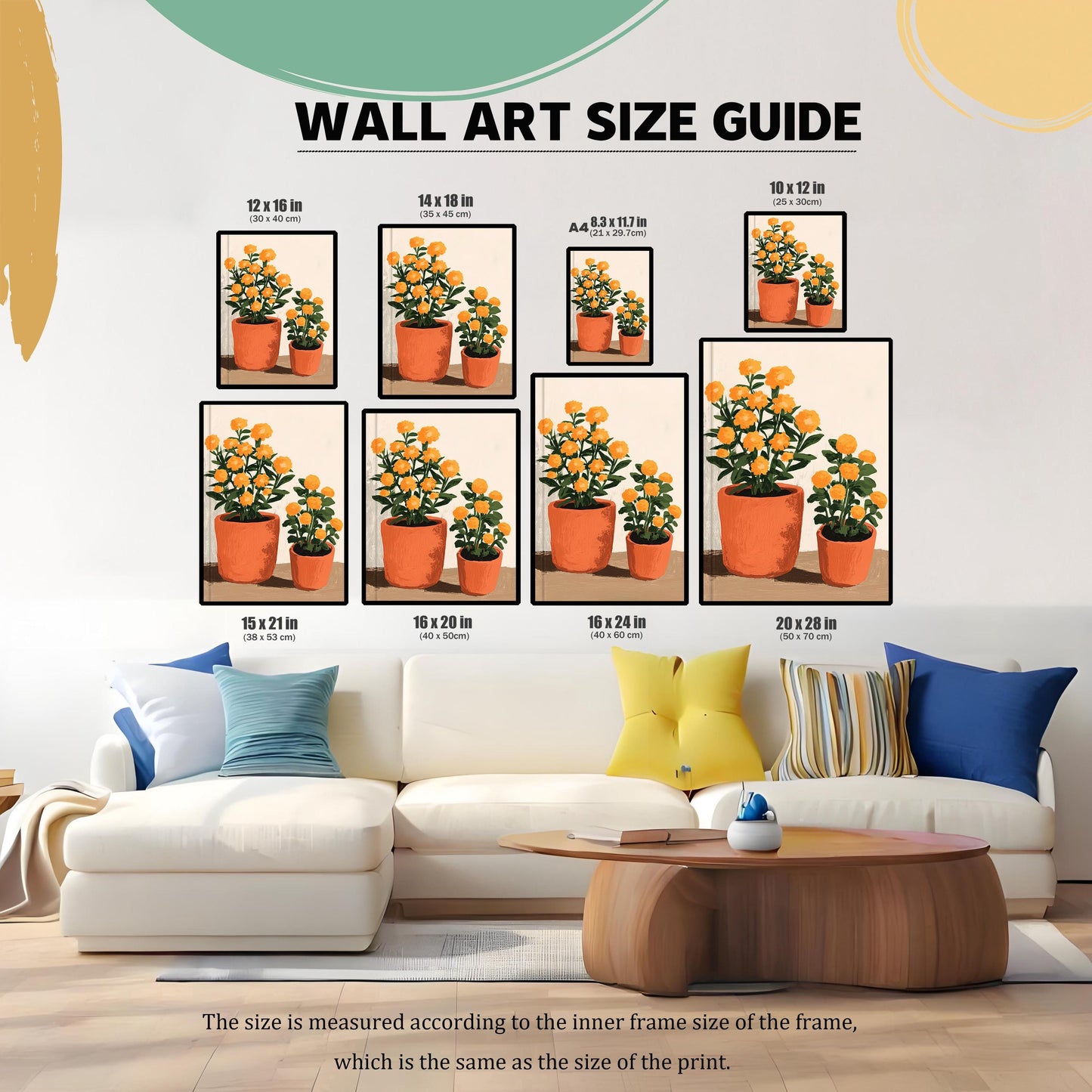 Wall Art Size Guide graphic showing eight different framed sizes (10x12 in to 20x28 in) of the potted flower print over a living room couch.