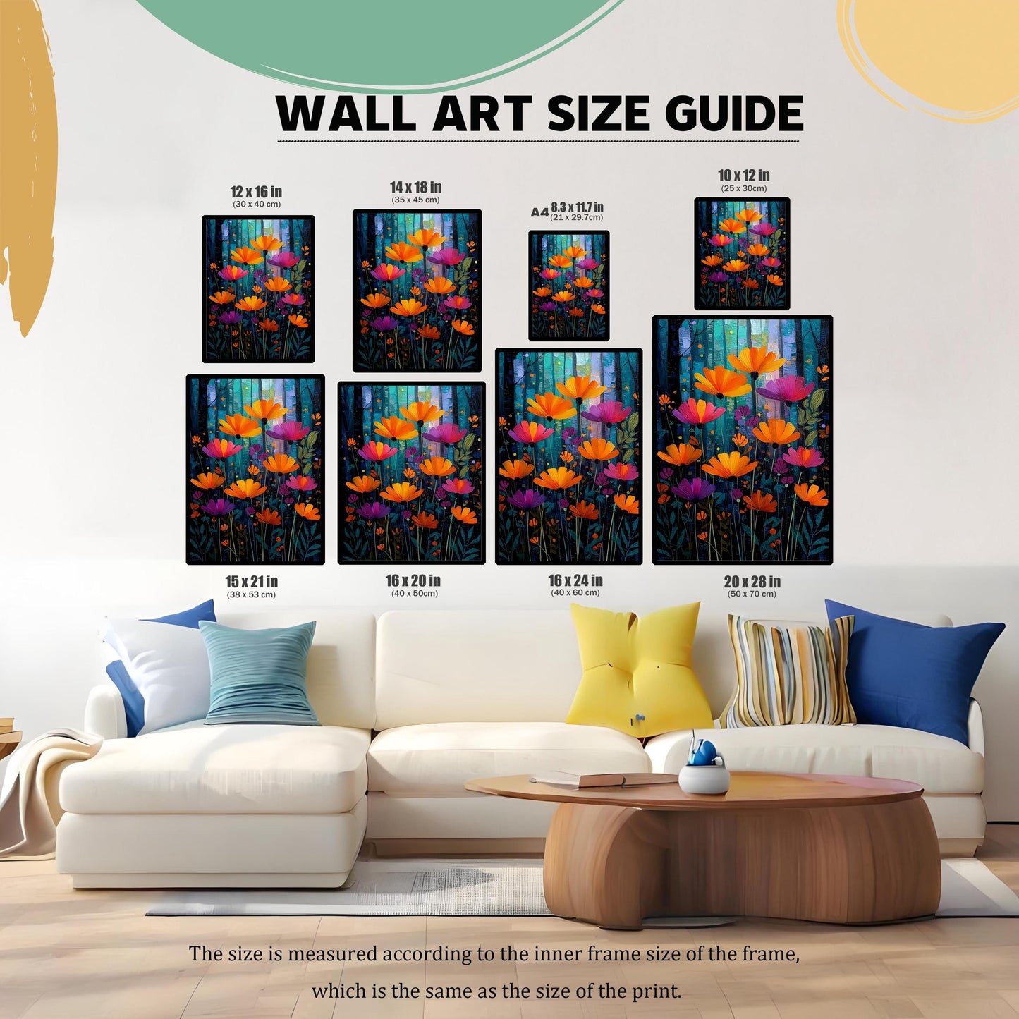 A Wall Art Size Guide graphic showing multiple frame sizes with the floral print, positioned above a white couch. Sizes include 12×16 in, 14×18 in, 8.3×11.7 in (A4), 10×12 in, 15×21 in, 16×20 in, 16×24 in, and 20×28 in.